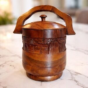 Hand Carved Wooden Tiki Bar Ice Bucket, Mid Century Barware, Polynesian Decor
